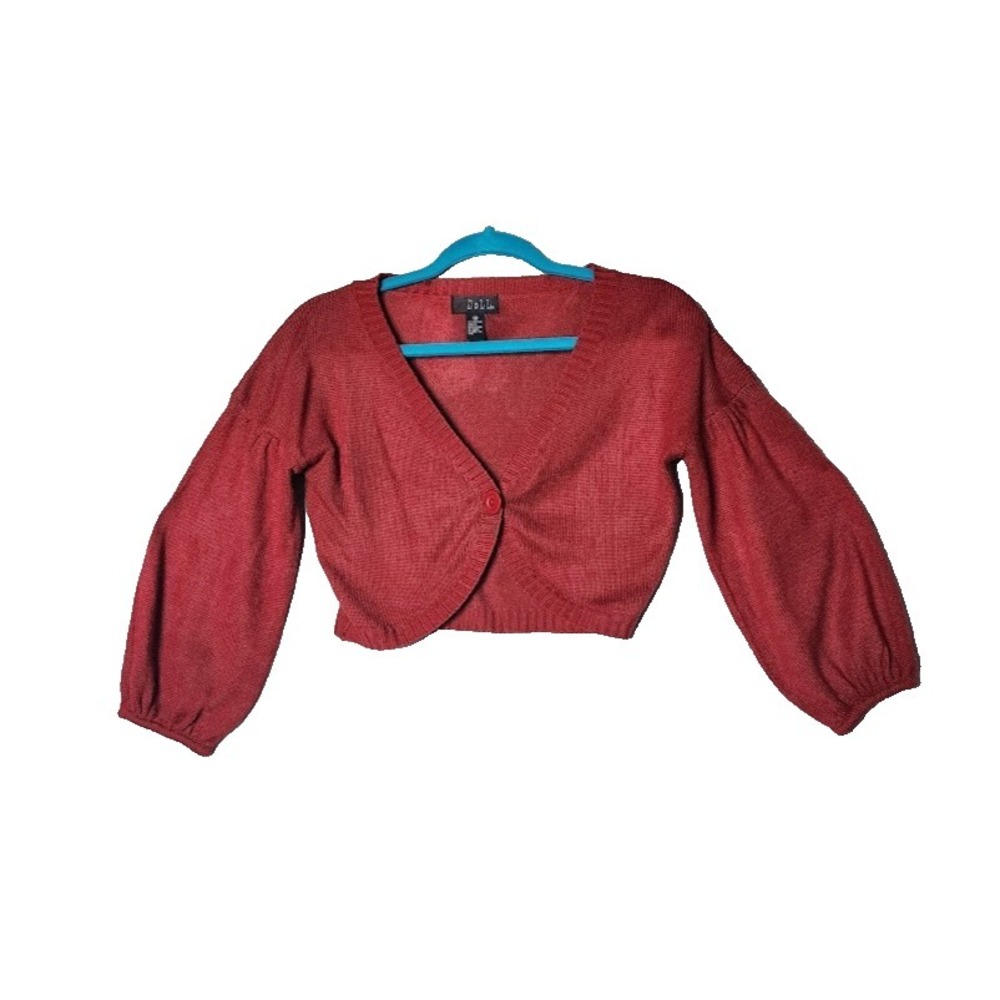 iDoll Red Crop Button Front Balloon Sleeve Minimalist Cardigan M Preppy Boho